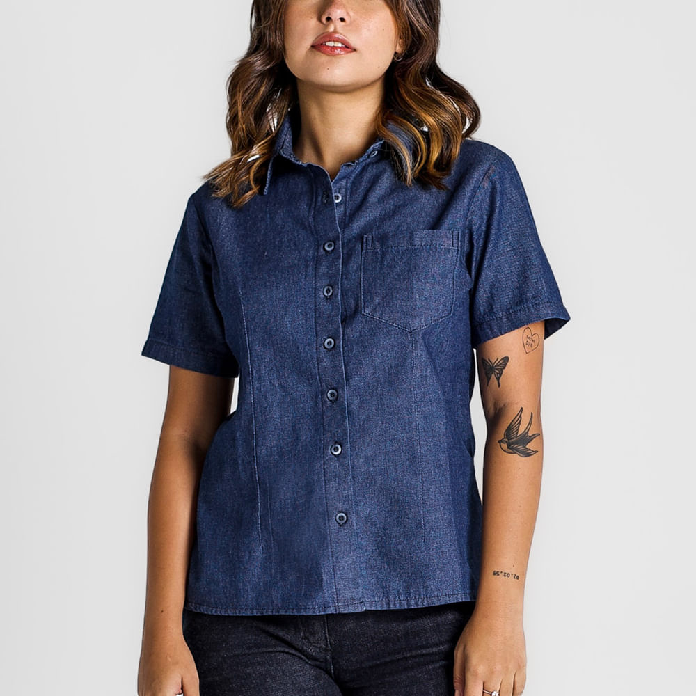Blusa Jeans Manga Curta Feminina Azul