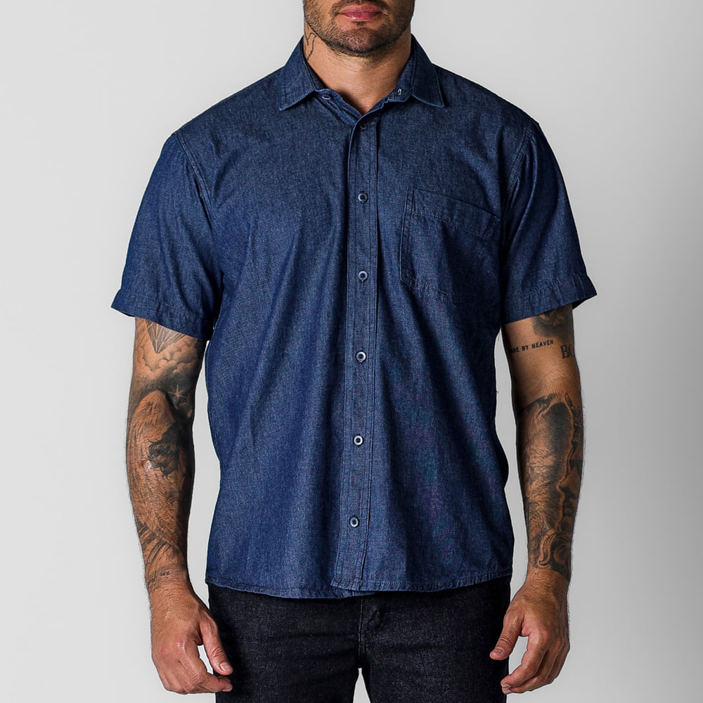 Camisa Jeans Manga Curta Unissex Azul