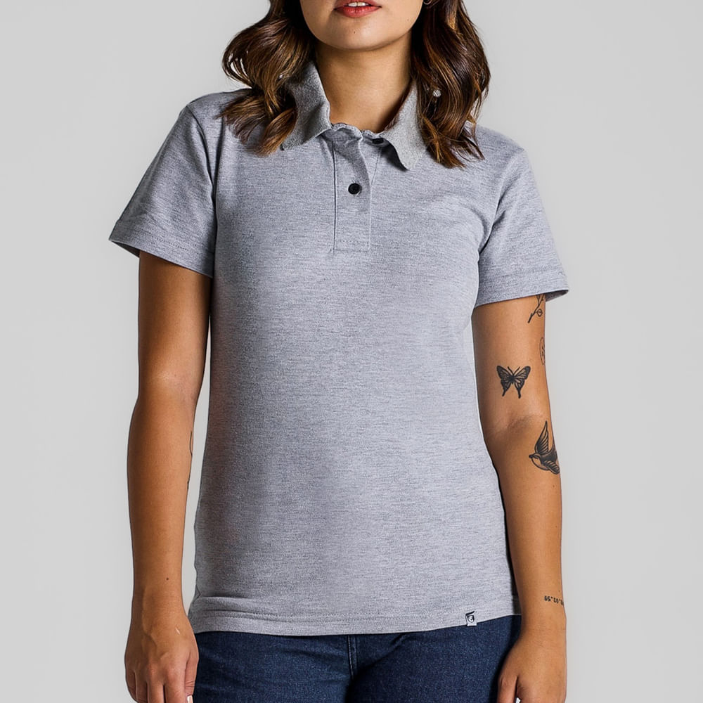 Camisa Polo Piquet Feminina Cinza Claro