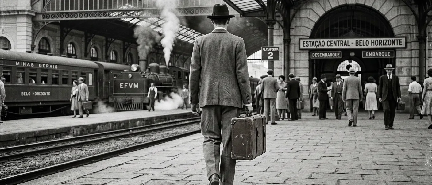Ilustração de um jovem com uma mala chegando a uma estação de trem, nos anos 1940